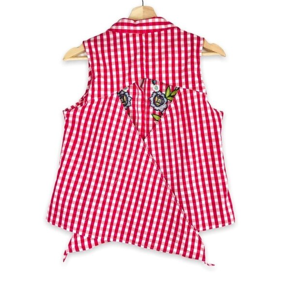 Lulumari Red & White Checkered Floral Embroidered Top  Size - Picture 2 of 7